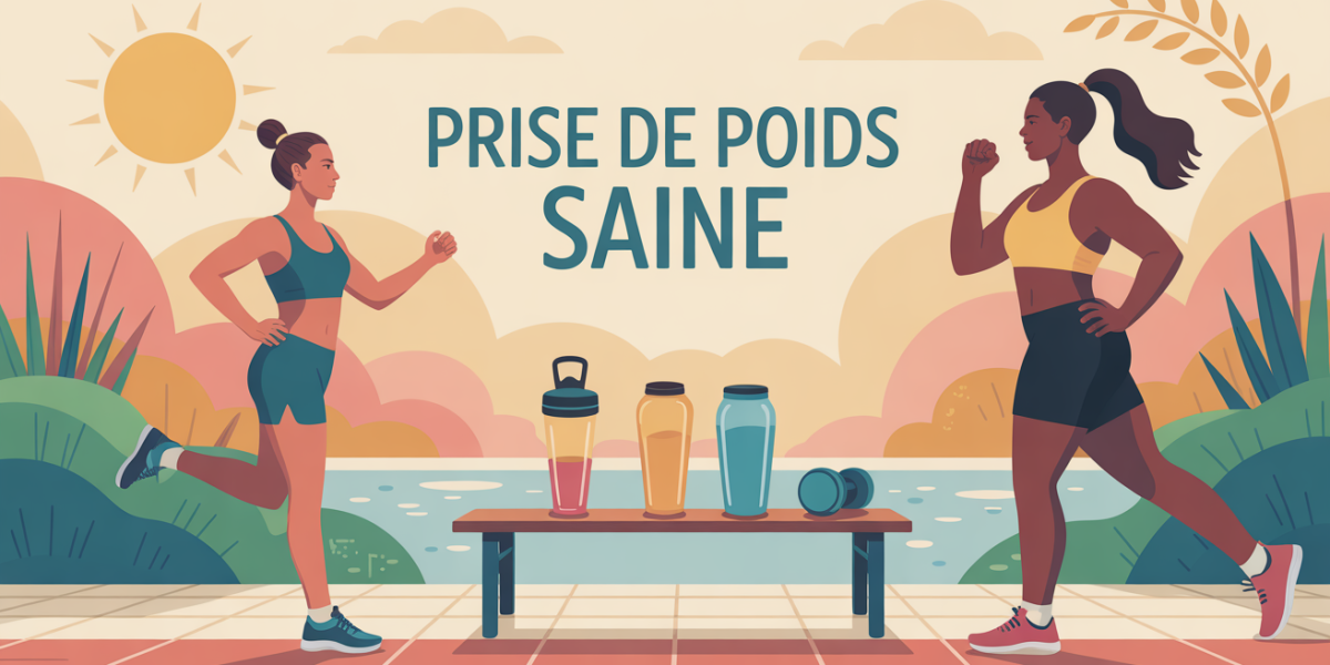 illustration prise de poids saine en exterieur avec sportifs, haltères et shakers