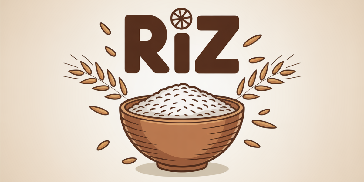 Bol de riz stylisé entouré de symboles d'équilibre alimentaire