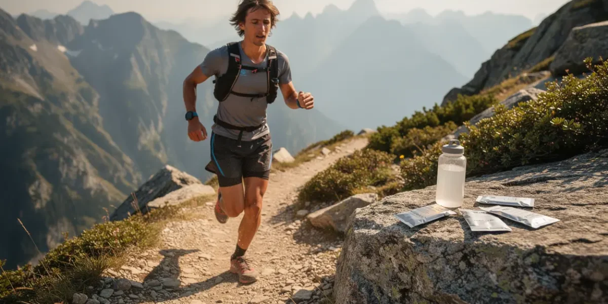 trail runner flacon creatine et poudre Creapure sentier montagne